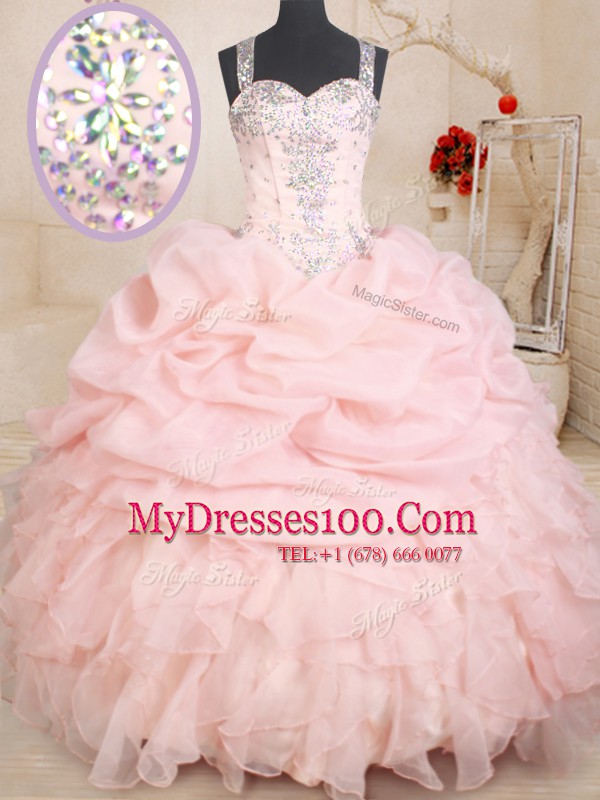 Customized Baby Pink Zipper Straps Beading and Ruffles and Pick Ups 15th Birthday Dress Organza Sleeveless
