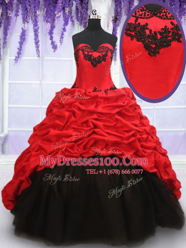 Fashion Pick Ups With Train Ball Gowns Sleeveless Red And Black Quinceanera Gown Brush Train Lace Up