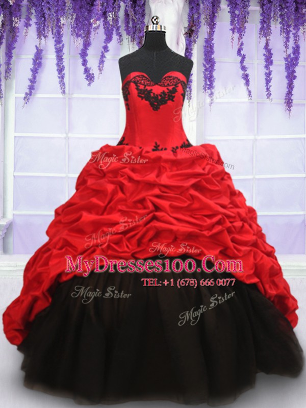 Fashion Pick Ups With Train Ball Gowns Sleeveless Red And Black Quinceanera Gown Brush Train Lace Up