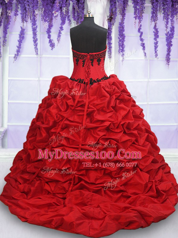 Fashion Pick Ups With Train Ball Gowns Sleeveless Red And Black Quinceanera Gown Brush Train Lace Up