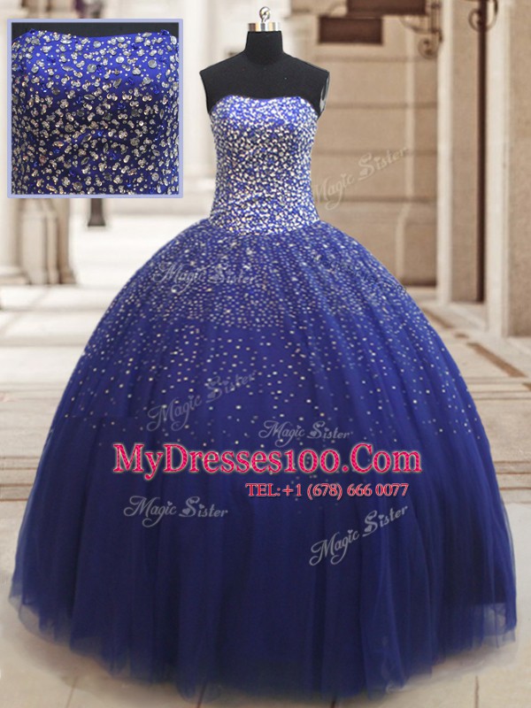 Popular Royal Blue Tulle Lace Up 15 Quinceanera Dress Sleeveless Floor Length Beading