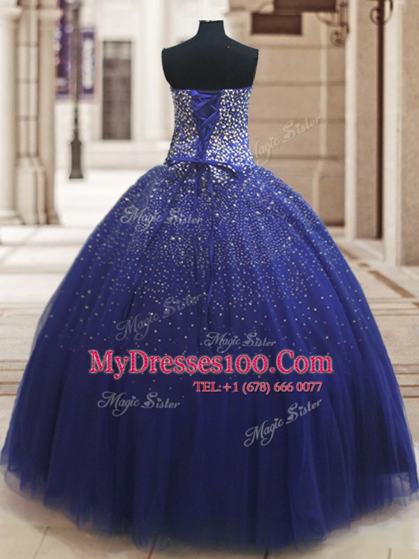 Popular Royal Blue Tulle Lace Up 15 Quinceanera Dress Sleeveless Floor Length Beading