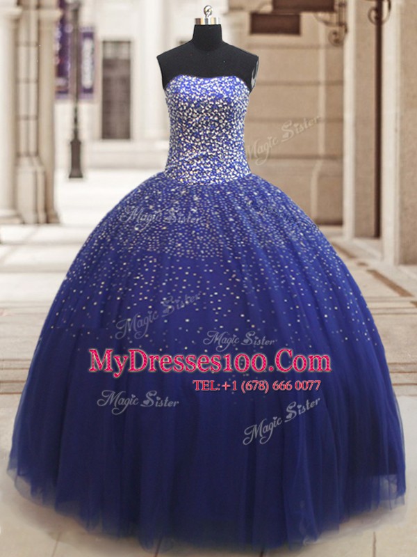 Popular Royal Blue Tulle Lace Up 15 Quinceanera Dress Sleeveless Floor Length Beading