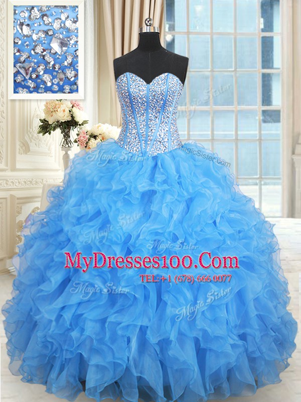 Super Baby Blue Ball Gowns Sweetheart Sleeveless Satin and Organza Floor Length Lace Up Beading and Ruffles and Ruffled Layers Sweet 16 Dress