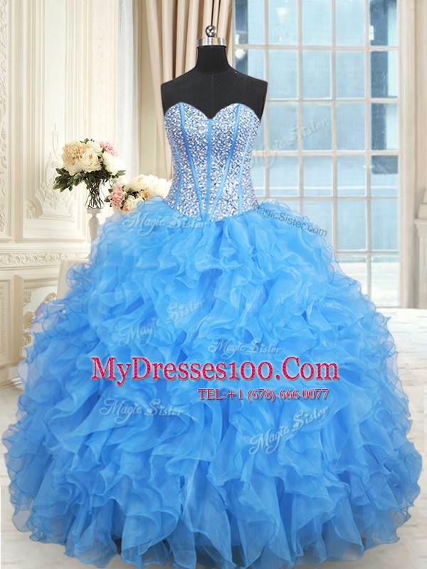 Super Baby Blue Ball Gowns Sweetheart Sleeveless Satin and Organza Floor Length Lace Up Beading and Ruffles and Ruffled Layers Sweet 16 Dress