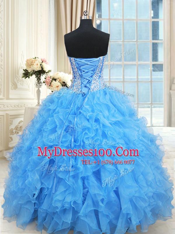Super Baby Blue Ball Gowns Sweetheart Sleeveless Satin and Organza Floor Length Lace Up Beading and Ruffles and Ruffled Layers Sweet 16 Dress