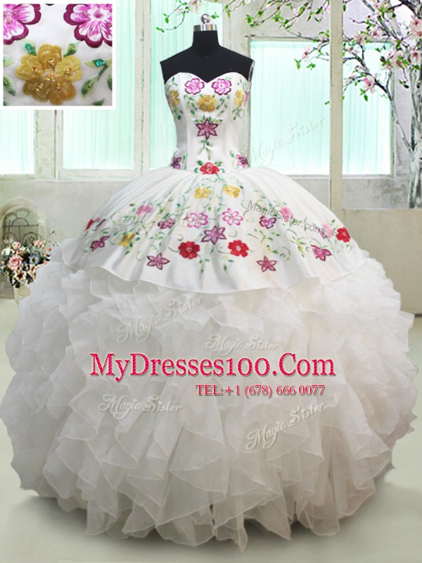 Sweetheart Sleeveless Quinceanera Gowns Floor Length Embroidery and Ruffles White Organza and Taffeta