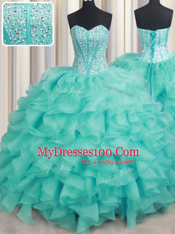 Turquoise Sleeveless Beading and Ruffles Lace Up Quinceanera Dresses