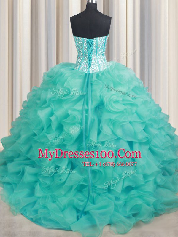 Turquoise Sleeveless Beading and Ruffles Lace Up Quinceanera Dresses
