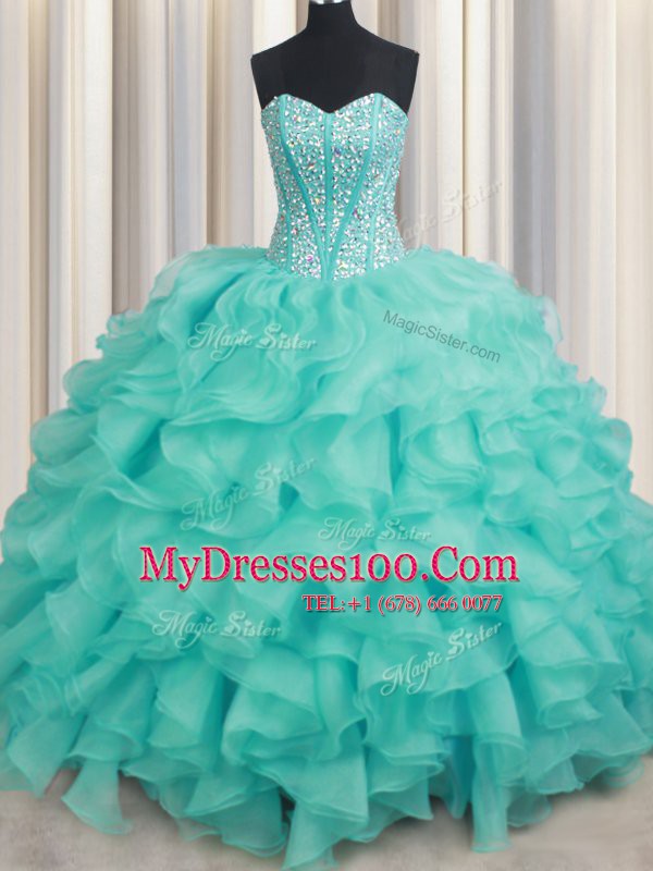 Turquoise Sleeveless Beading and Ruffles Lace Up Quinceanera Dresses