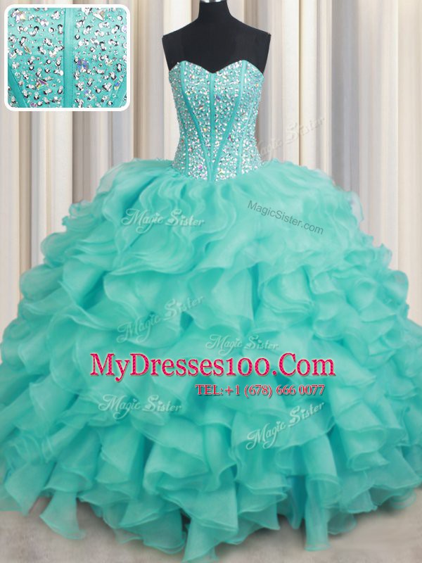 Turquoise Sleeveless Beading and Ruffles Lace Up Quinceanera Dresses