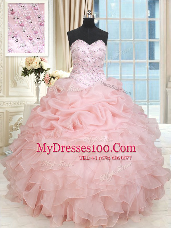 Amazing Baby Pink Organza Lace Up Sweetheart Sleeveless Floor Length 15th Birthday Dress Beading and Ruffles and Pick Ups