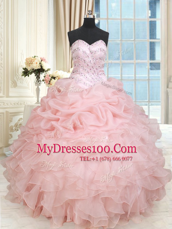 Amazing Baby Pink Organza Lace Up Sweetheart Sleeveless Floor Length 15th Birthday Dress Beading and Ruffles and Pick Ups