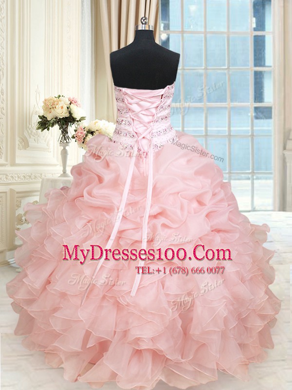 Amazing Baby Pink Organza Lace Up Sweetheart Sleeveless Floor Length 15th Birthday Dress Beading and Ruffles and Pick Ups