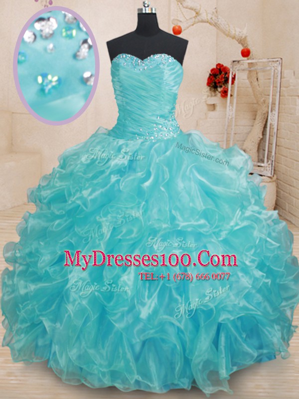 Aqua Blue Lace Up Quinceanera Gowns Beading and Ruffles Sleeveless Floor Length