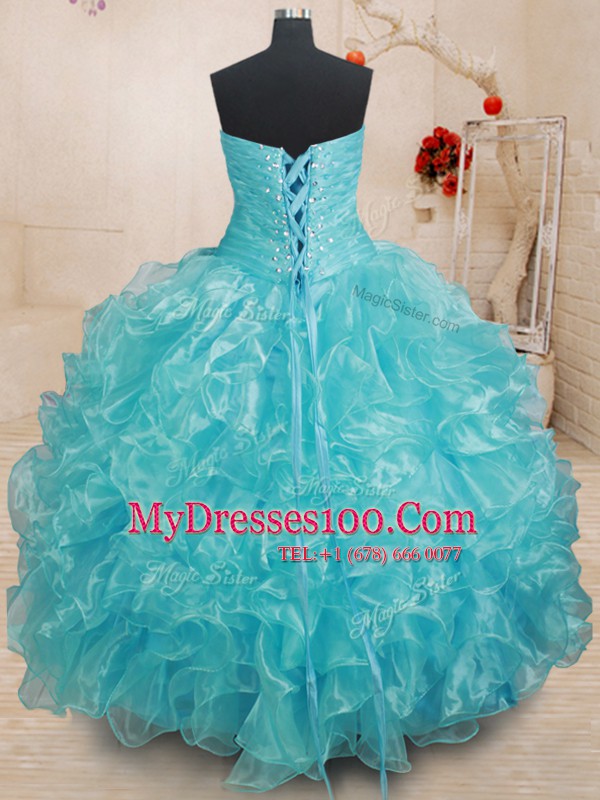 Aqua Blue Lace Up Quinceanera Gowns Beading and Ruffles Sleeveless Floor Length