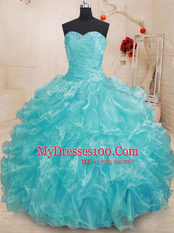 Aqua Blue Lace Up Quinceanera Gowns Beading and Ruffles Sleeveless Floor Length