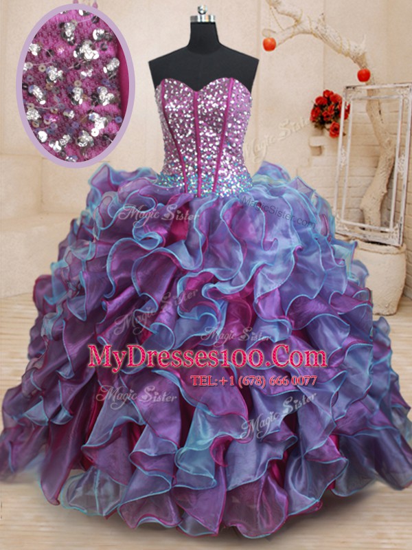 Sequins Floor Length Multi-color Sweet 16 Dress Sweetheart Sleeveless Lace Up