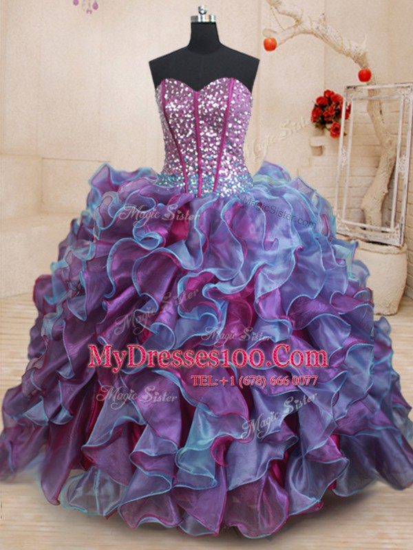 Sequins Floor Length Multi-color Sweet 16 Dress Sweetheart Sleeveless Lace Up