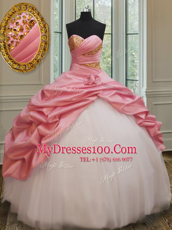 Fantastic Sleeveless Taffeta and Tulle Floor Length Lace Up Sweet 16 Dresses in Pink And White with Beading and Pick Ups and Hand Made Flower
