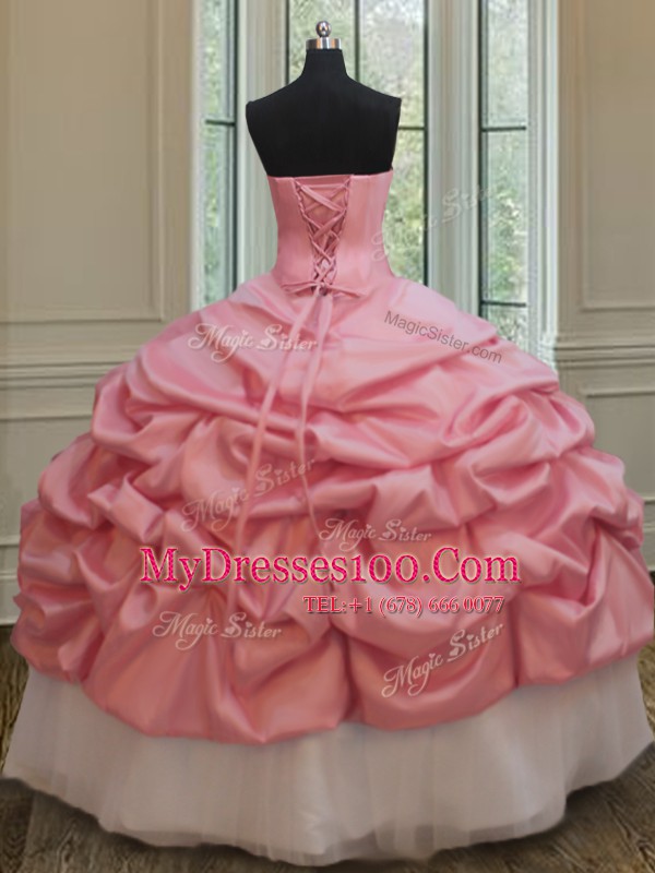 Fantastic Sleeveless Taffeta and Tulle Floor Length Lace Up Sweet 16 Dresses in Pink And White with Beading and Pick Ups and Hand Made Flower
