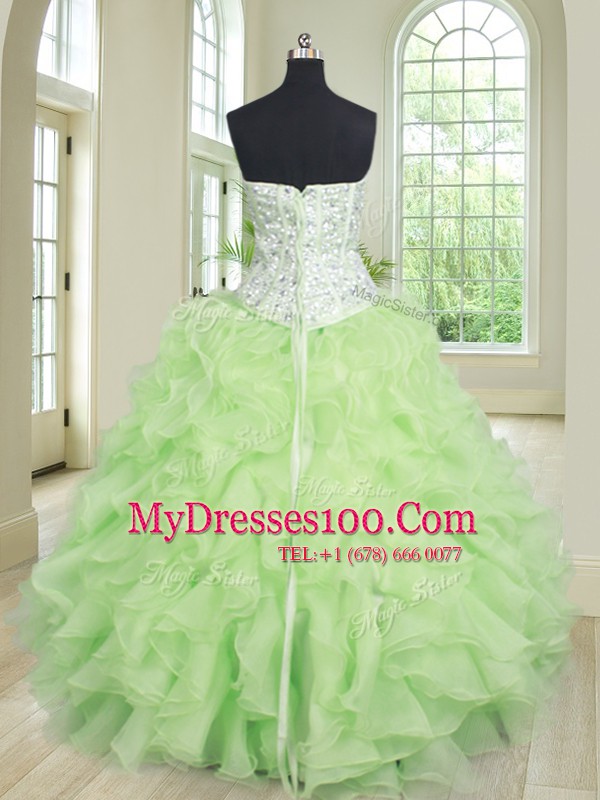 Yellow Green Sleeveless Floor Length Beading and Ruffles Lace Up Quinceanera Gown