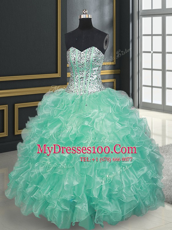 Apple Green Lace Up Quinceanera Gowns Beading and Ruffles Sleeveless Floor Length