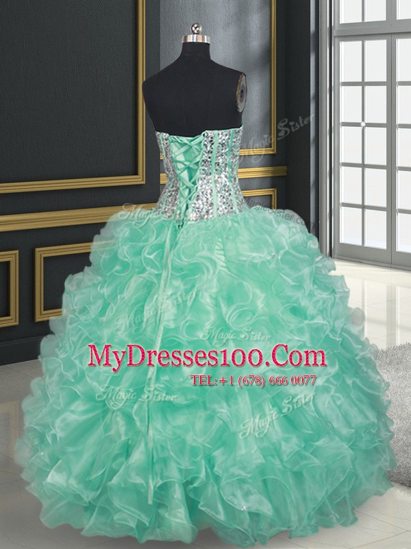 Apple Green Lace Up Quinceanera Gowns Beading and Ruffles Sleeveless Floor Length