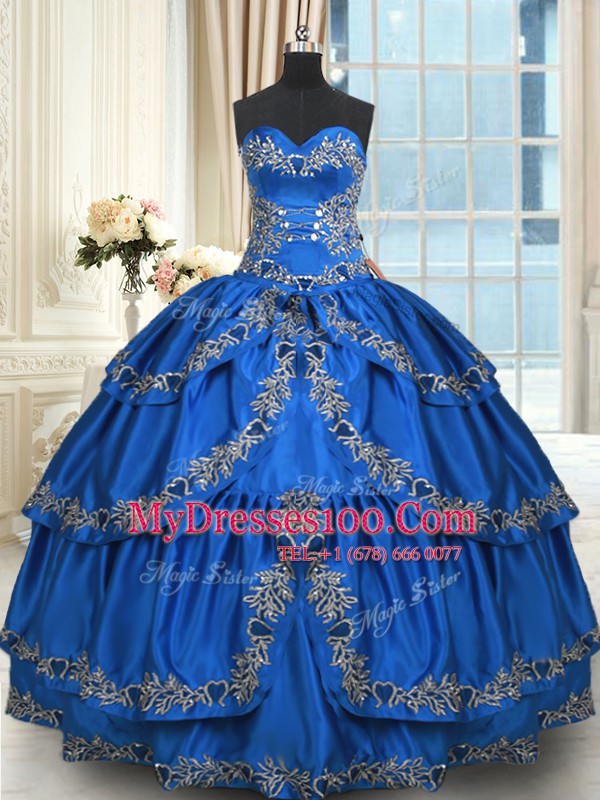 Blue Quinceanera Dress Military Ball and Sweet 16 and Quinceanera and For with Beading and Embroidery and Ruffled Layers Sweetheart Sleeveless Lace Up