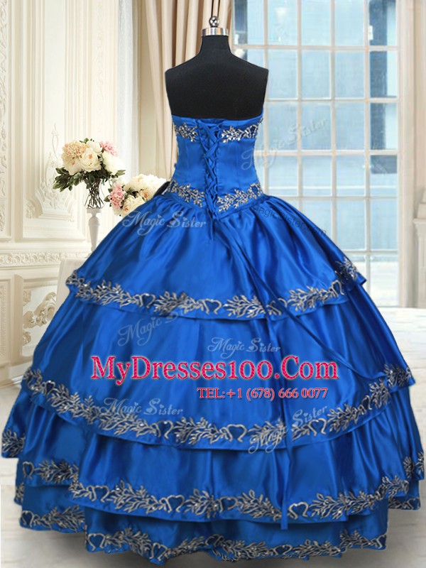Blue Quinceanera Dress Military Ball and Sweet 16 and Quinceanera and For with Beading and Embroidery and Ruffled Layers Sweetheart Sleeveless Lace Up