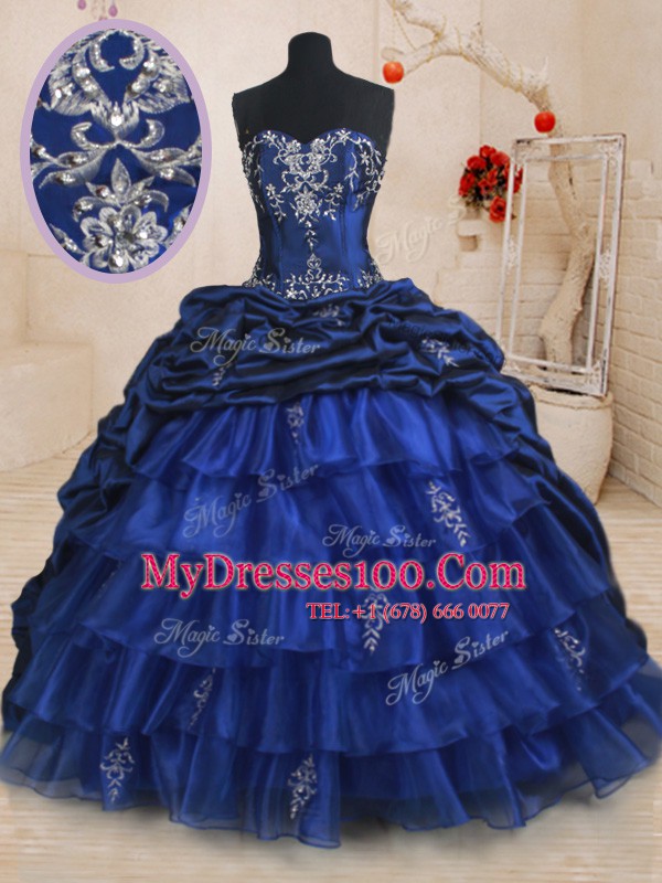Royal Blue Sleeveless Brush Train Beading and Ruffled Layers and Pick Ups With Train Sweet 16 Dresses