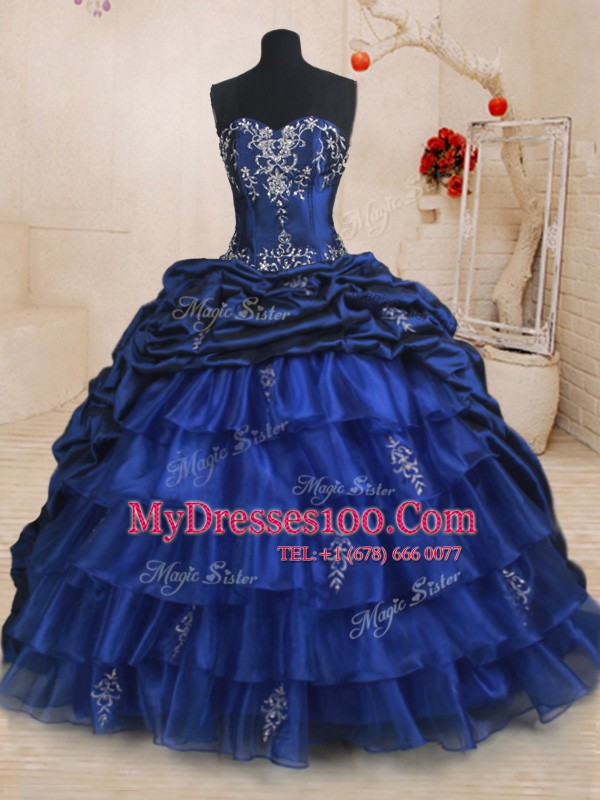 Royal Blue Sleeveless Brush Train Beading and Ruffled Layers and Pick Ups With Train Sweet 16 Dresses