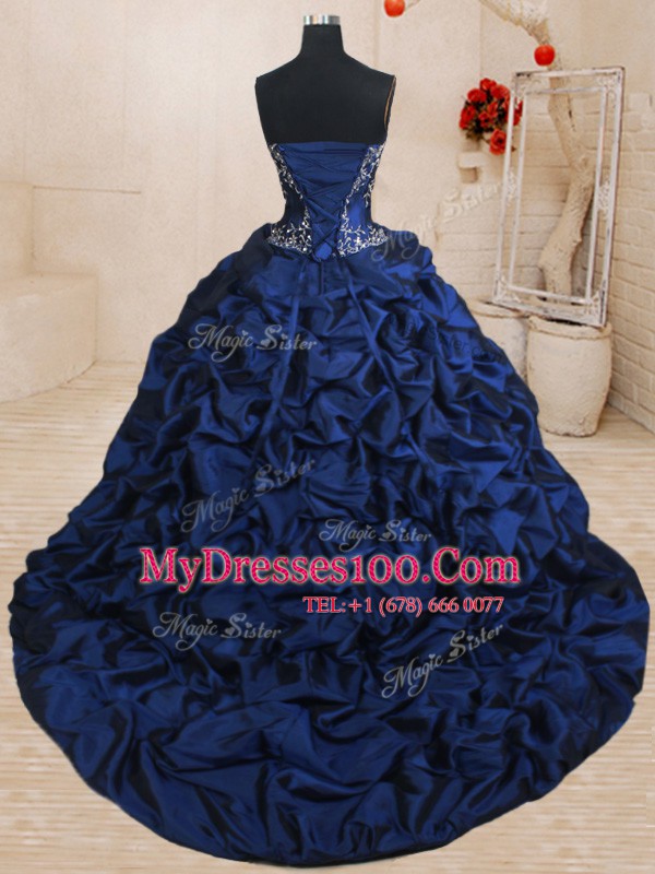 Royal Blue Sleeveless Brush Train Beading and Ruffled Layers and Pick Ups With Train Sweet 16 Dresses