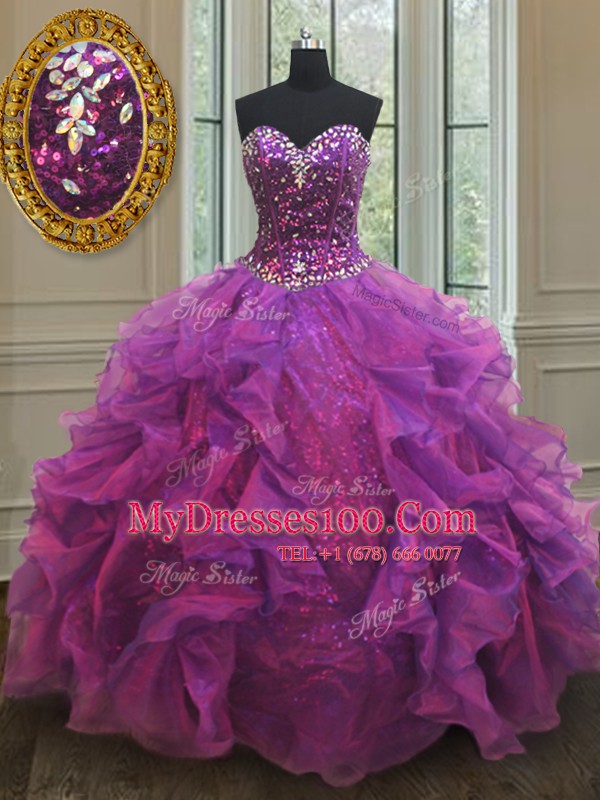 Purple Sleeveless Beading and Ruffles and Sequins Floor Length Ball Gown Prom Dress