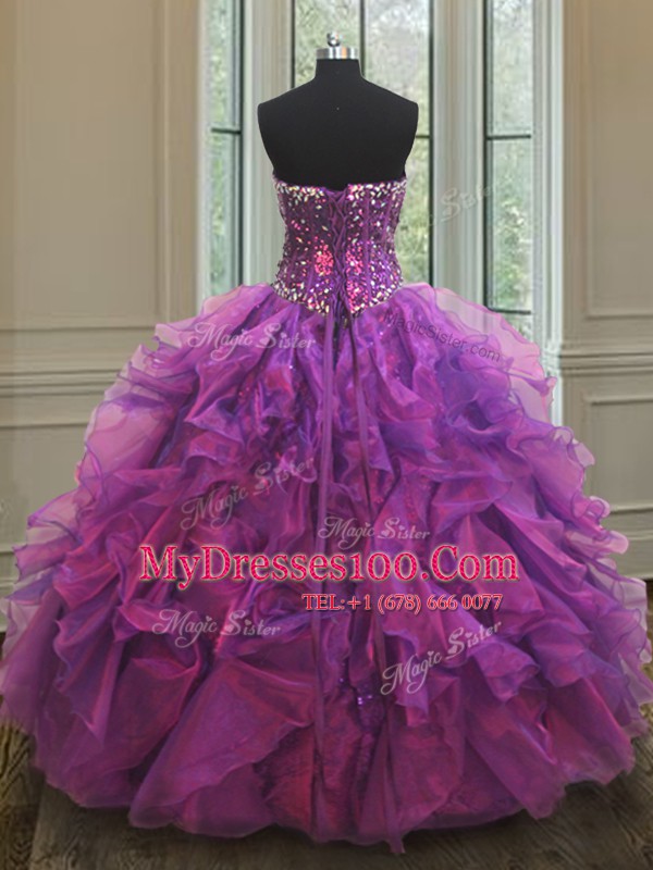 Purple Sleeveless Beading and Ruffles and Sequins Floor Length Ball Gown Prom Dress