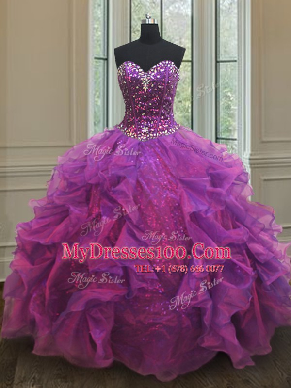 Purple Sleeveless Beading and Ruffles and Sequins Floor Length Ball Gown Prom Dress