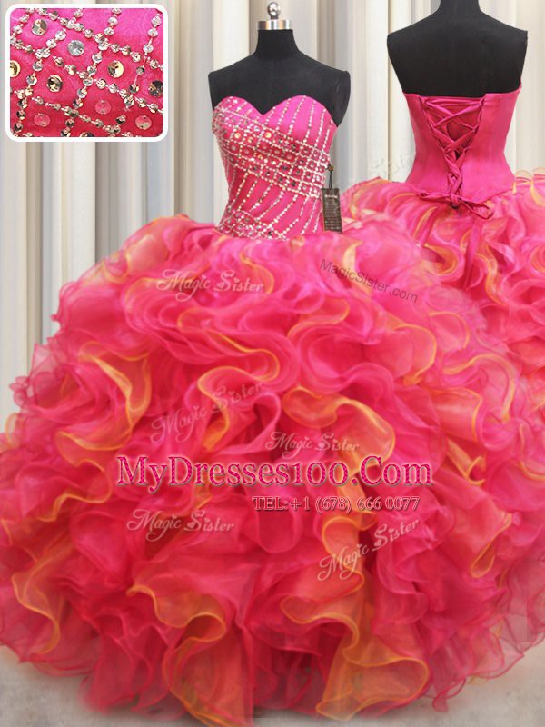 Multi-color Lace Up Sweetheart Beading and Ruffles Quinceanera Dresses Organza Sleeveless