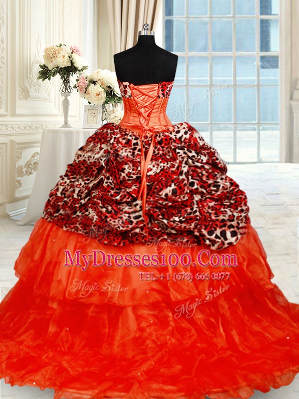 Sumptuous Brush Train Ball Gowns Sweet 16 Dresses Orange Red Sweetheart Organza Sleeveless Lace Up