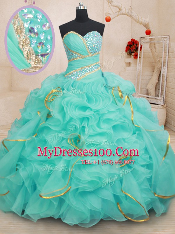 Sleeveless Organza Floor Length Lace Up Vestidos de Quinceanera in Apple Green with Beading and Ruffles and Sequins