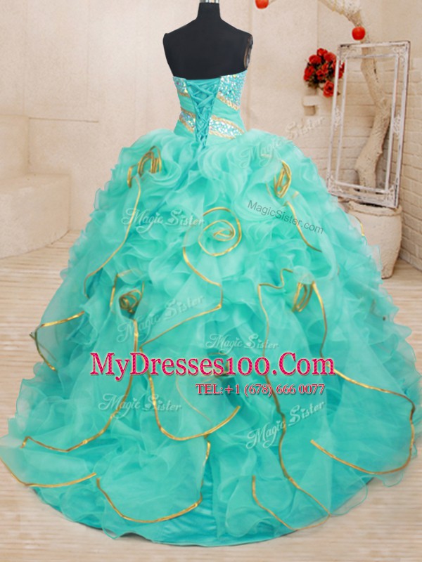 Sleeveless Organza Floor Length Lace Up Vestidos de Quinceanera in Apple Green with Beading and Ruffles and Sequins