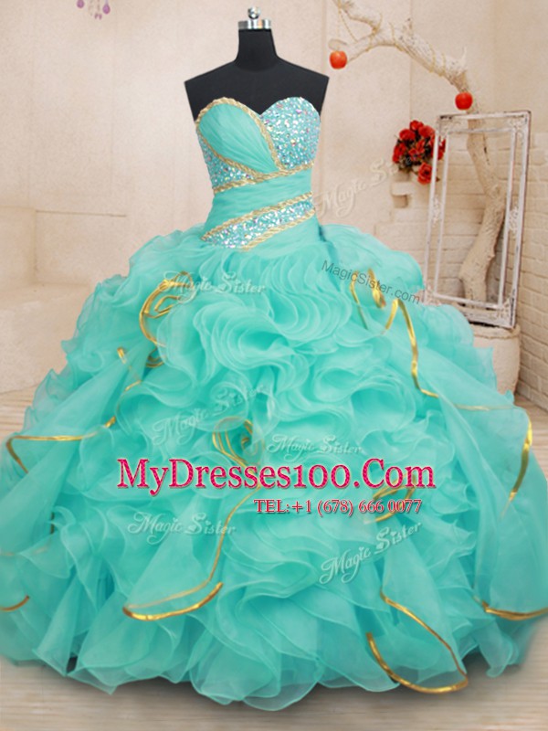 Sleeveless Organza Floor Length Lace Up Vestidos de Quinceanera in Apple Green with Beading and Ruffles and Sequins