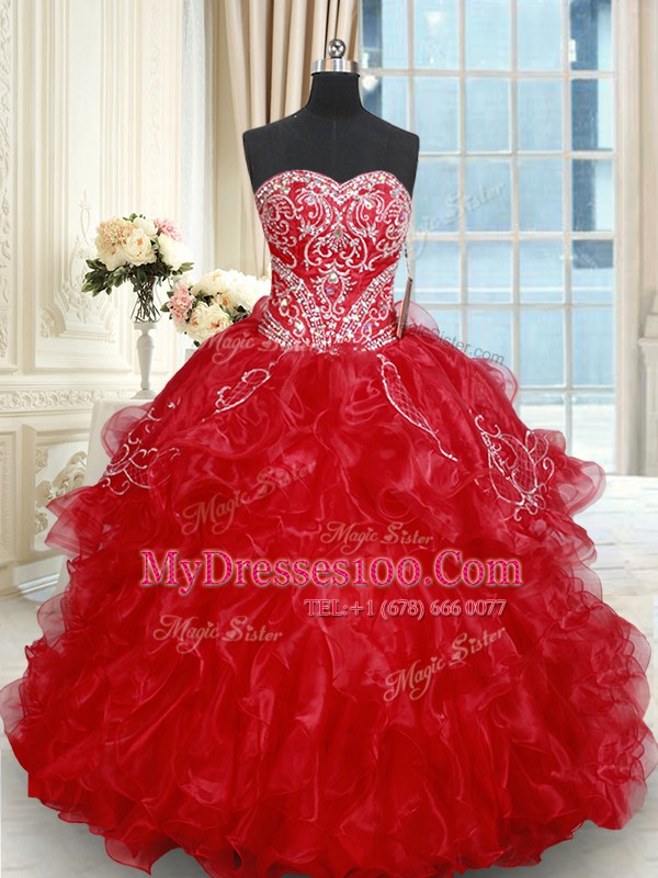 Modern Lace Up Vestidos de Quinceanera Red for Military Ball and Sweet 16 and Quinceanera with Beading and Embroidery and Ruffled Layers Brush Train