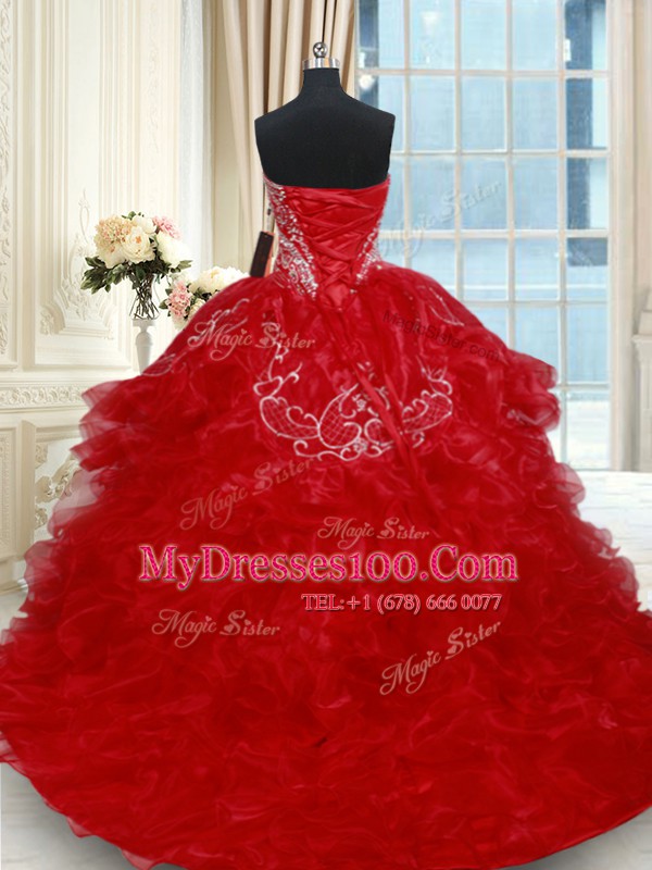 Modern Lace Up Vestidos de Quinceanera Red for Military Ball and Sweet 16 and Quinceanera with Beading and Embroidery and Ruffled Layers Brush Train