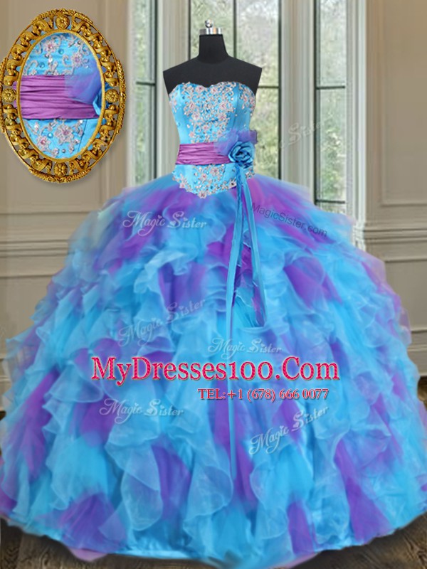 Sophisticated Multi-color Organza and Tulle Lace Up Ball Gown Prom Dress Sleeveless Floor Length Beading and Ruffles
