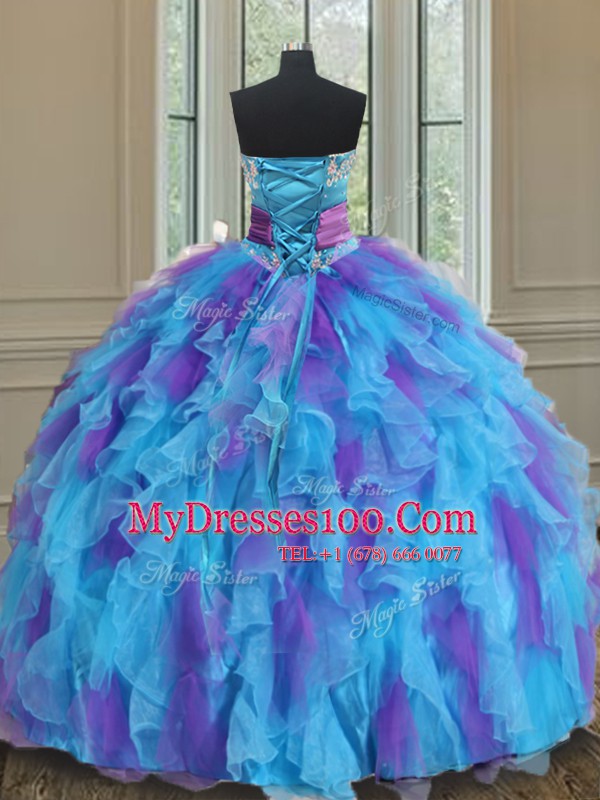 Sophisticated Multi-color Organza and Tulle Lace Up Ball Gown Prom Dress Sleeveless Floor Length Beading and Ruffles