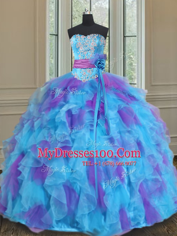 Sophisticated Multi-color Organza and Tulle Lace Up Ball Gown Prom Dress Sleeveless Floor Length Beading and Ruffles