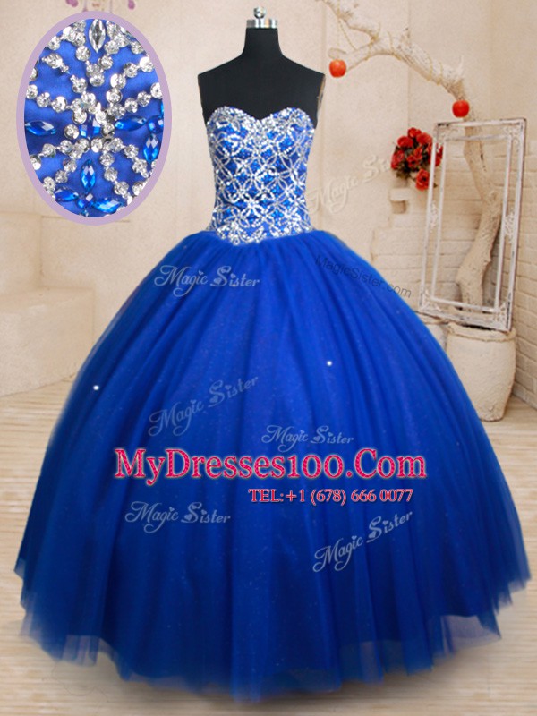 Royal Blue Ball Gowns Sweetheart Sleeveless Tulle Floor Length Lace Up Beading Sweet 16 Dresses