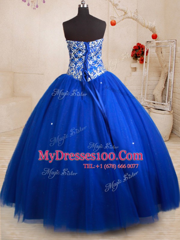 Royal Blue Ball Gowns Sweetheart Sleeveless Tulle Floor Length Lace Up Beading Sweet 16 Dresses
