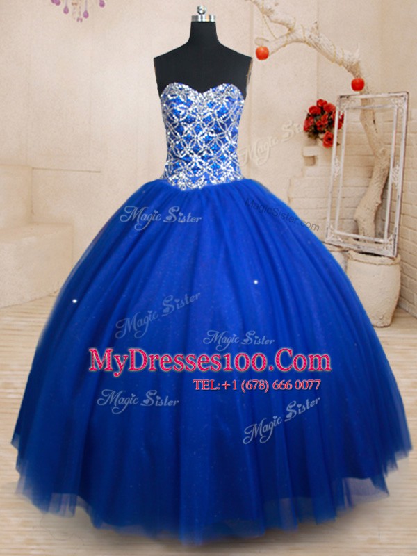 Royal Blue Ball Gowns Sweetheart Sleeveless Tulle Floor Length Lace Up Beading Sweet 16 Dresses