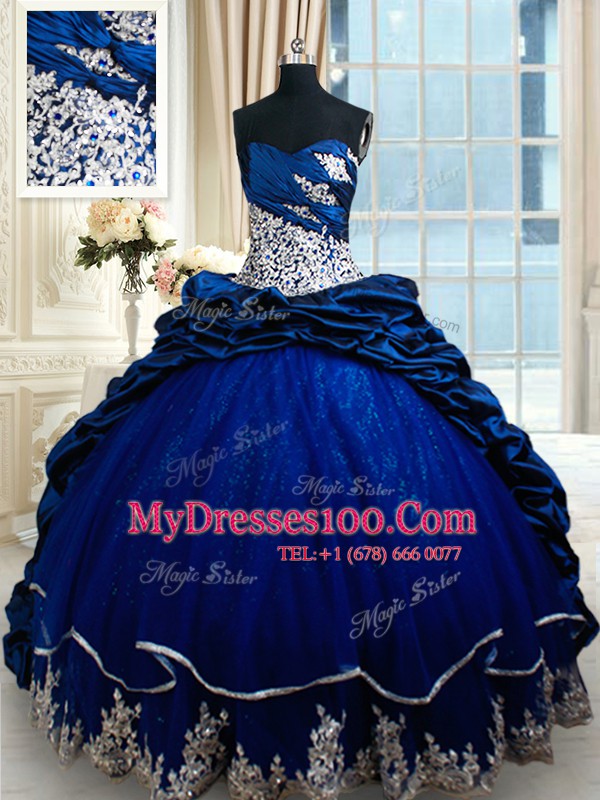 Sleeveless Appliques and Pick Ups Lace Up 15th Birthday Dress with Royal Blue Court Train